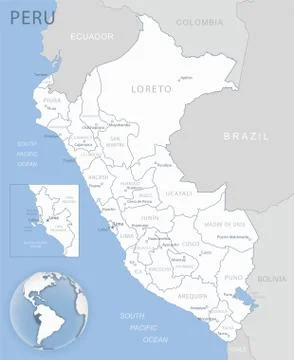 Blue-gray detailed map of Peru administrative divisions and location on the g Stock Illustration