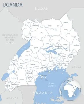 Blue-gray detailed map of Uganda and administrative divisions and location on Stockillustratie