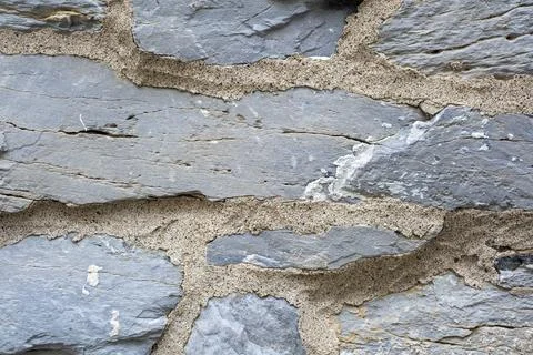 Blue Gray Fieldstone Wall Texture with Sandy Mortar 写真素材