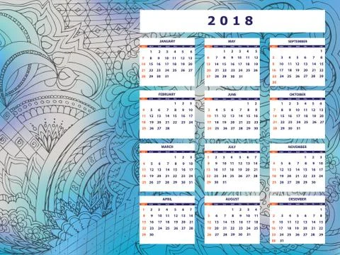 Blue-gray tangle zen pattern calendar year 2018 Stock Illustration