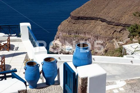 Blue greek urn's, santorini, greece. Stock Photos