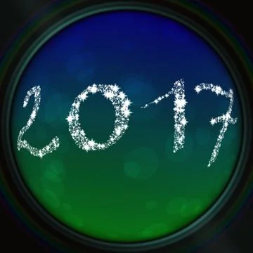 Blue-green bokeh texture with 2017 inscription in the viewfinder lens Stock Illustration