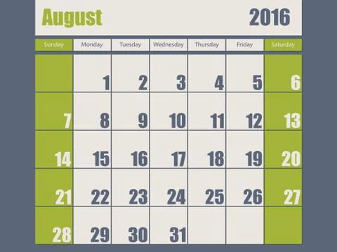 Blue green colored 2016 august calendar Stock Illustration