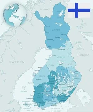 Blue-green detailed map of Finland administrative divisions with country flag Stock Illustration