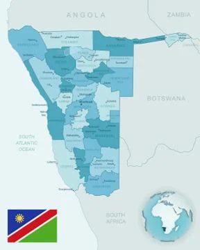 Blue-green detailed map of Namibia administrative divisions with country flag Illustrazione stock
