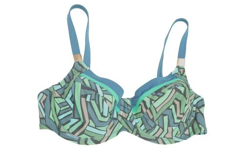 Blue with green geometric pattern padded bra from a two-piece swimsuit, isola Stock Photos