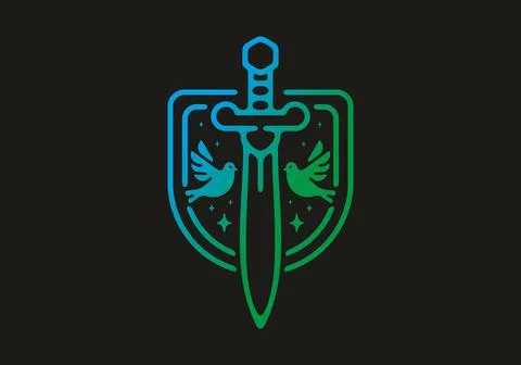 Blue green gradient color of sword and shield Ilustración de archivo