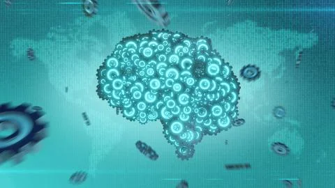 Blue green machine brain assembling form cogs and gears Illustrazione stock