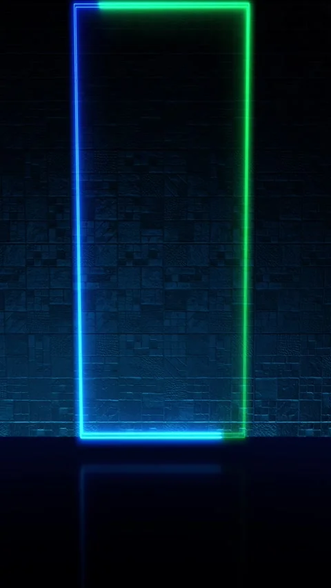 Blue Green Neon Rectangle Frame on Dark Technology Wall Stock Footage 341364347