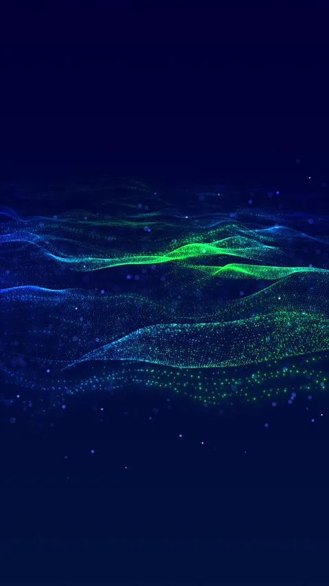 Blue green particle wave background with flowing mesh hills, glowing dots, and d Stock Footage 340554147