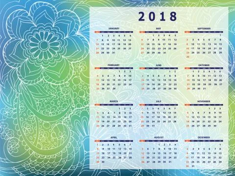 Blue-green tangle zen pattern calendar year 2018 Stock Illustration