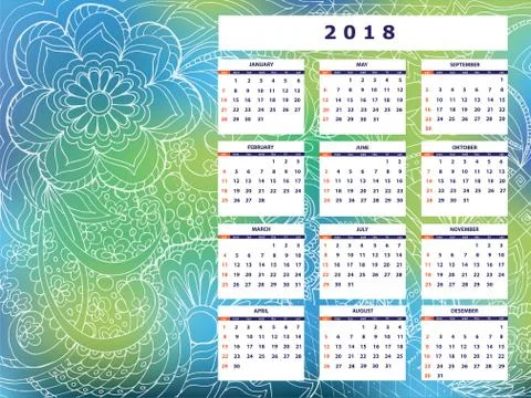 Blue-green tangle zen pattern calendar year 2018 Stock Illustration