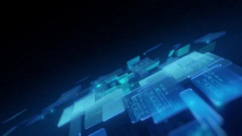 Blue Green Tech Code Panels Flying Diagonally Loop Video on Dark Background Видео 334058313