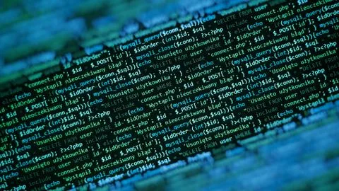 Blue green unique background. Programming language on laptop computer screen. Stock Photos