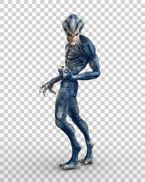 Blue grey humanoid alien creature looking back in aggressive pose. 3D illustr Stock Illustration