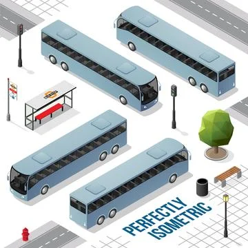 Blue Grey Long Isometric Bus from the Front Back Right and Left Stock Illustration