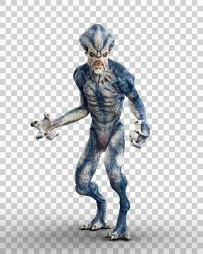 Blue grey skinned alien monster with sharp teeth standing in menacing pose. 3 Stock Illustration