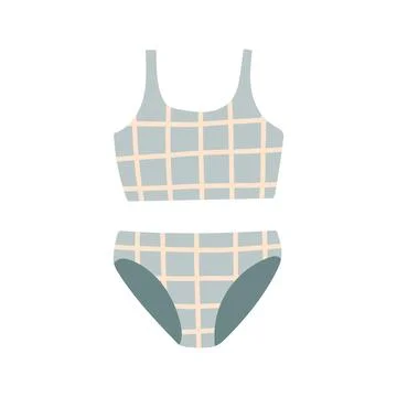 Blue-grey two-piece bikini swimsuit with cream grid plaid pattern vector 库存插图