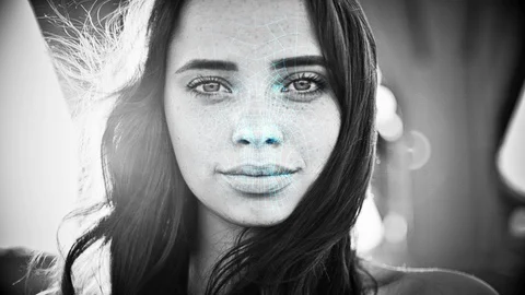 Blue grid on black and white video. Portrait of attractive woman with a Stock Footage 128765041