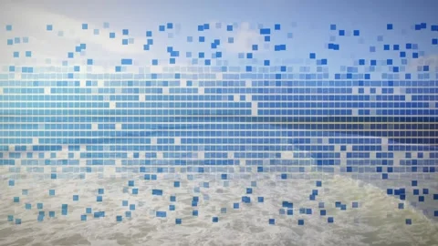 Blue grid fading and causing pixel fragments cascading across ocean waves to Stock Footage 326189511