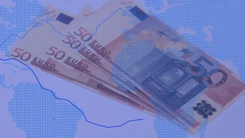 Blue grid filling screen starting slide, 50-euro stack rotating, bars rising, Video stock 328396337