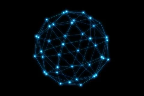 Blue grid network sphere with glowing nodes over black background, social net Illustrazione stock