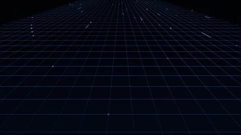 Blue grid pattern extends and dots scatter across black background Stock Footage 329296574