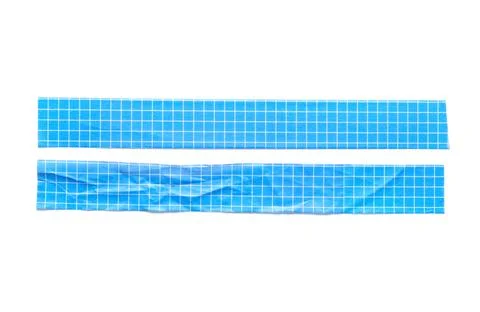 Blue grid patterned adhesive tape strips with wrinkled texture isolated on wh Stock Photos