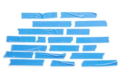 Blue grid patterned adhesive tape strips with torn edges isolated on a clean  Stock Photos