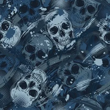 Blue grunge camouflage pattern with human skulls Stock Illustration