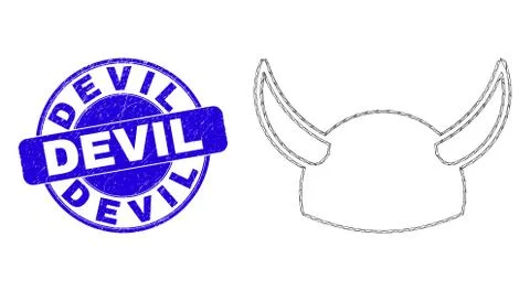 Blue Grunge Devil Stamp Seal and Web Carcass Horned Helmet Stock Illustration
