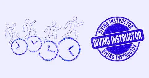 Blue Grunge Diving Instructor Stamp Seal and People Run Over Clocks Mosaic Stock Illustration