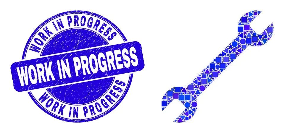 Blue Grunge Work in Progress Stamp and Settings Gear Mosaic Illustrazione stock