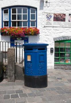 Blue Guernsey Post Box unique to Guernsey in the town of St Pierre Port (St P Stock Photos