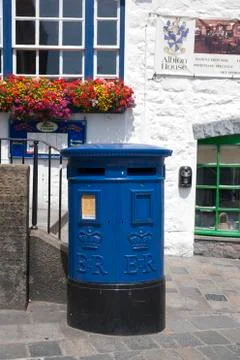Blue Guernsey Post Box unique to Guernsey in the town of St Pierre Port (St P Stock Photos