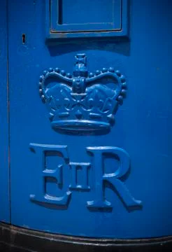 Blue Guernsey Post Box unique to Guernsey in the town of St Pierre Port (St P Stock Photos