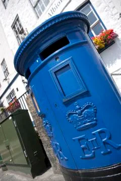 Blue Guernsey Post Box unique to Guernsey in the town of St Pierre Port (St P Stock Photos