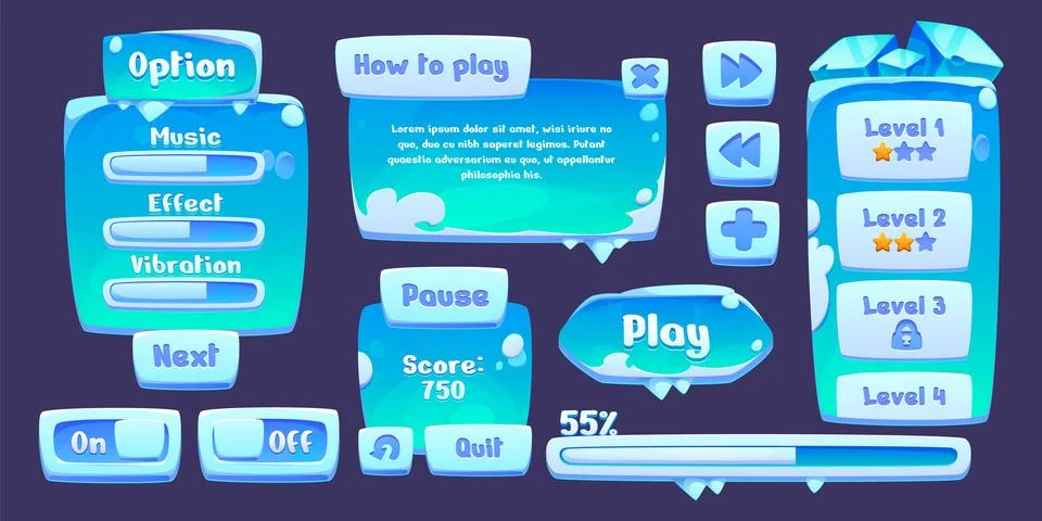 Blue gui elements with snow and icicles. Illustrazione stock