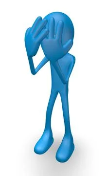 Blue guy covers eyes with hands - 3d illustration Stock Illustration