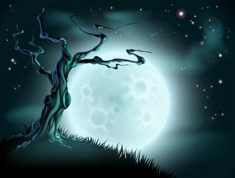 Blue halloween moon tree background Stock Illustration