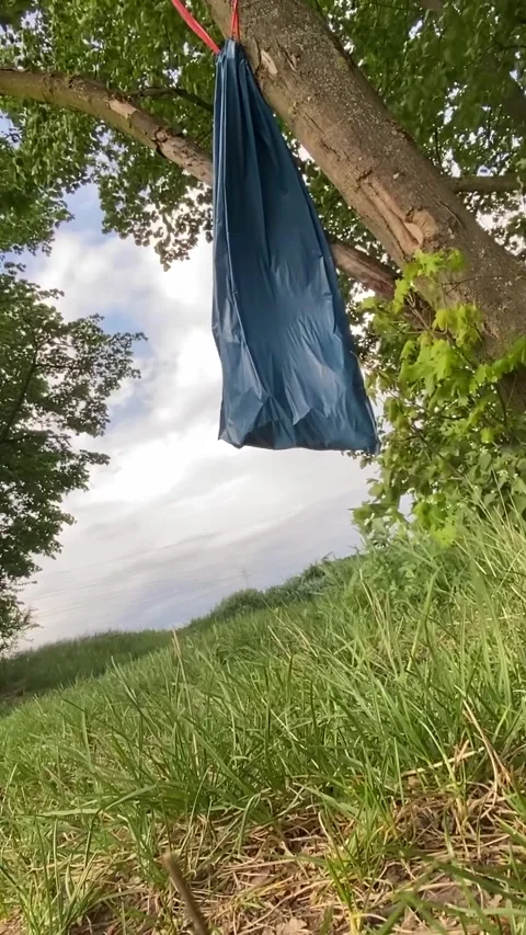 Blue hammock fabric hanging from tree in grassy rural clearing Vidéo 336535836