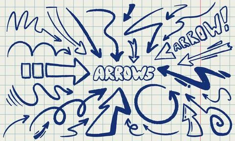 Blue Hand Drawn Arrows on Grid Paper Doodle Set Stock Illustration