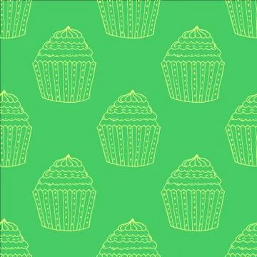 Blue Hand-drawn Cup Cake Outline Pattern on White Background Illustrazione stock