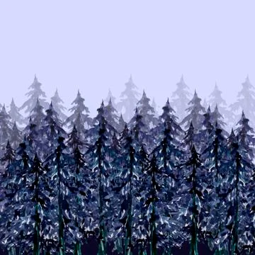 Blue hand drawn pine forest Stock Photos