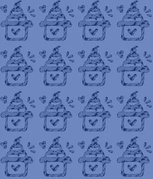 Blue Hand Drawn Pot with Heart Doodle Pattern Stock Illustration