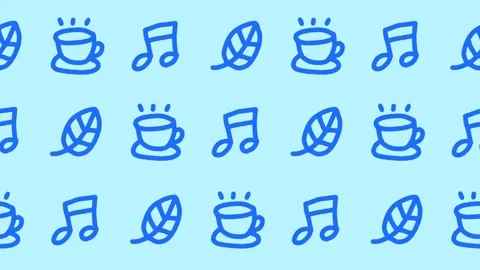 Blue hand-drawn seamless pattern with coffee cup leaf and music notes icons Stock Footage 335761673