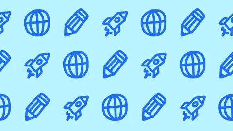 Blue hand-drawn seamless pattern with rocket, globe, and pencil icons Stock Footage 335761674