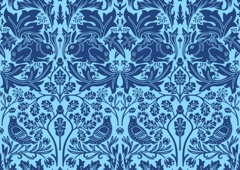 Blue hand drawn seamless pattern ornament with rabbit, bird and plants. Vector Stock Illustration