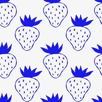 Blue hand drawn seamless pattern with strawberries Stock Illustration