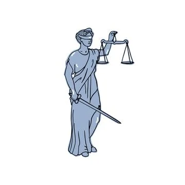 Blue Hand drawn Statue Of Ancient Roman goddess Lady Justice Stock Illustration